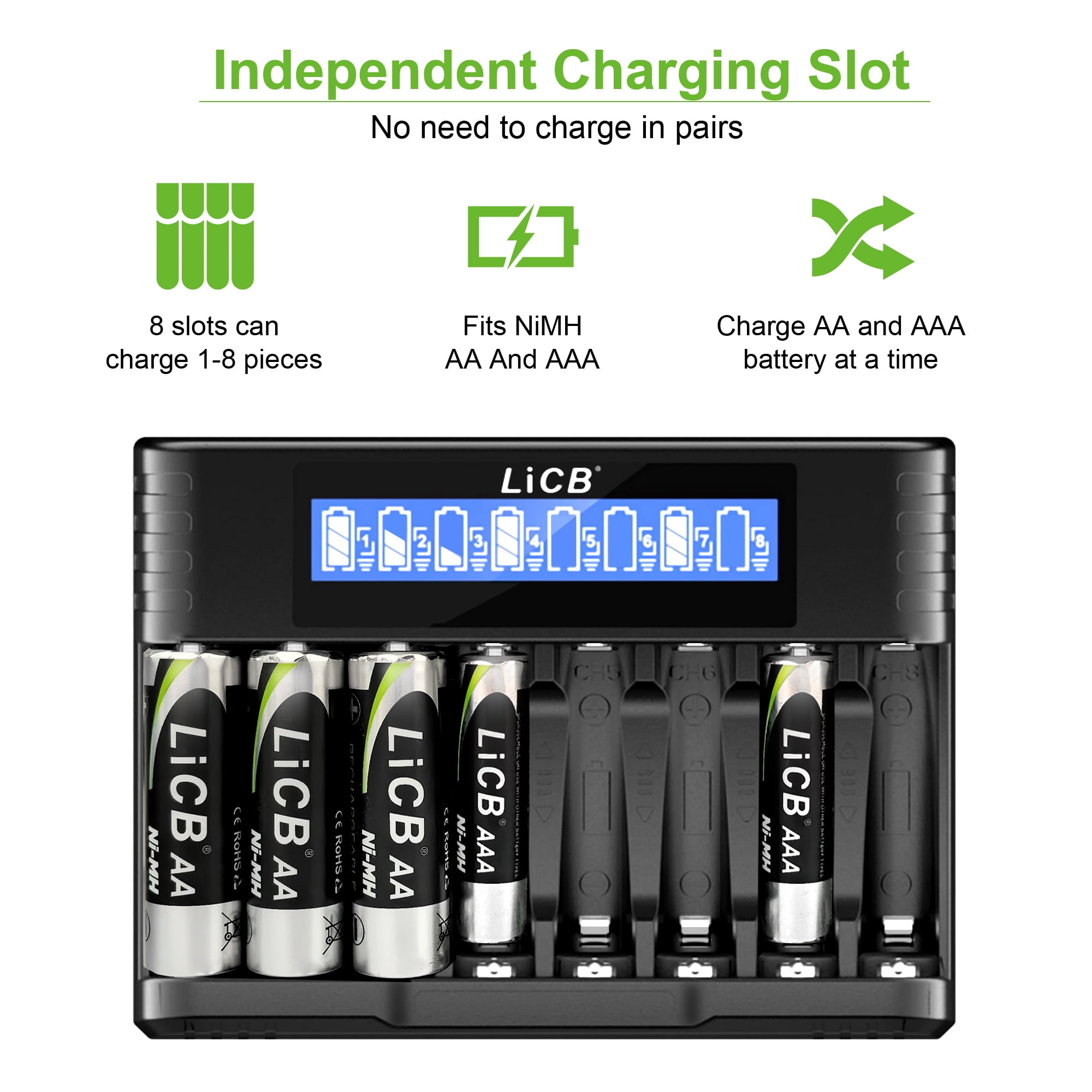 LiCB Rechargeable Batteries AAA 1100mAh with Smart 8 Bay Battery Charger, 8 Count 1.2V NiMH Triple A Battery
