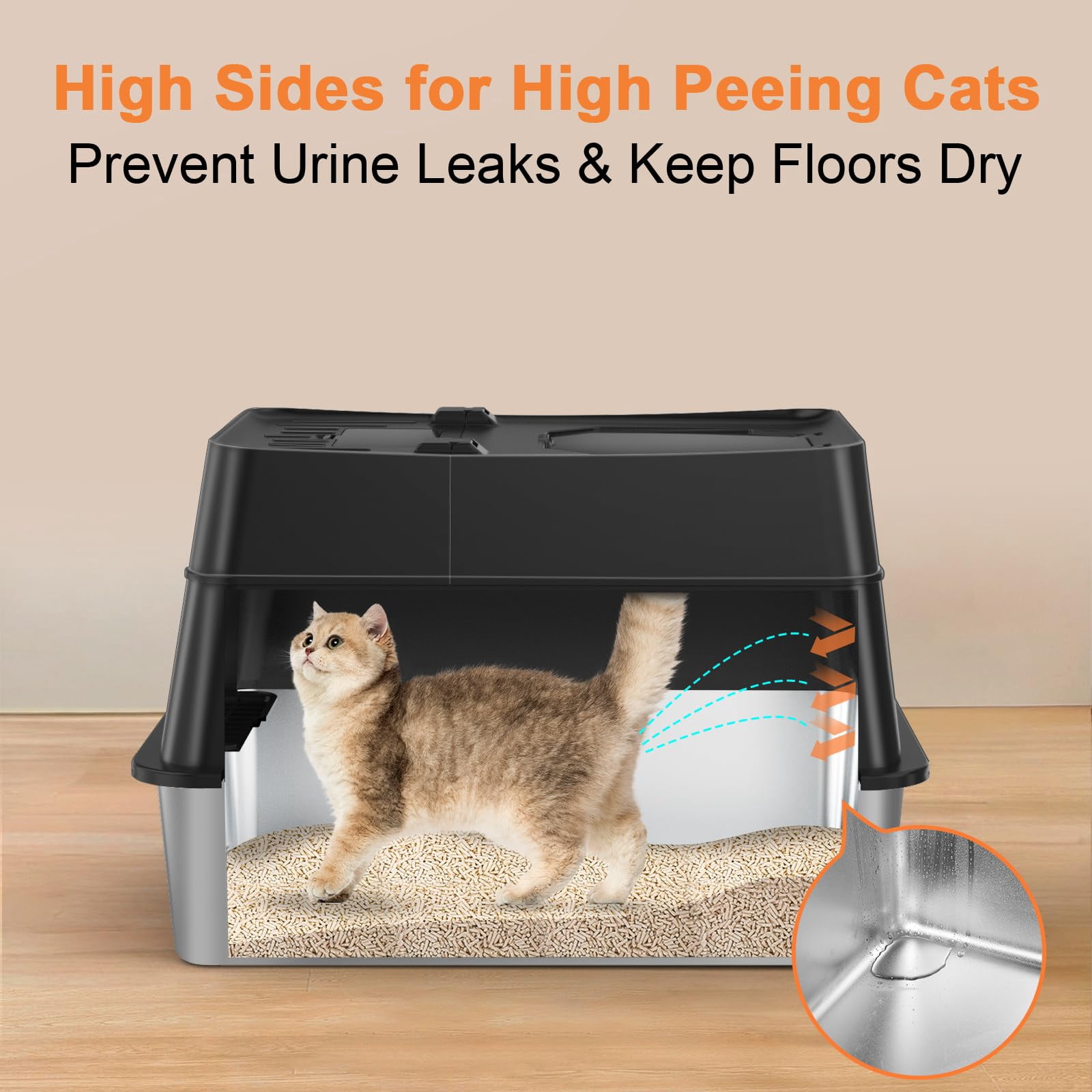 Stainless Steel Cat Litter Box With Lid Extra Large Enclosed Non-sticky Metal Pan High Sided & Scoop  Odor Free Front Top Entry Anti-leakage Easy Cleaning