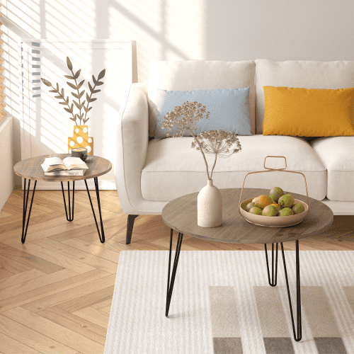 Yoneston 27.56" Round Nesting Coffee Table Set of 2, Wooden Tabletop End Table with Sturdy Metal Legs for Living Room Bedroom, Brown