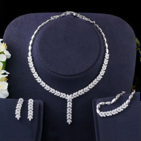 CZ Dangle Drop Leaf Earrings Bracelet Necklace Set 585 Gold Plated Prom Jewelry