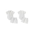 thumbnail image 2 of BemeyourBBs Newborn Baby Boy Girl Summer Clothes 2 Piece Outfits Waffle Texture Button Lapel Neck Short Sleeve Solid Color Romper and Shorts Set, 2 of 9