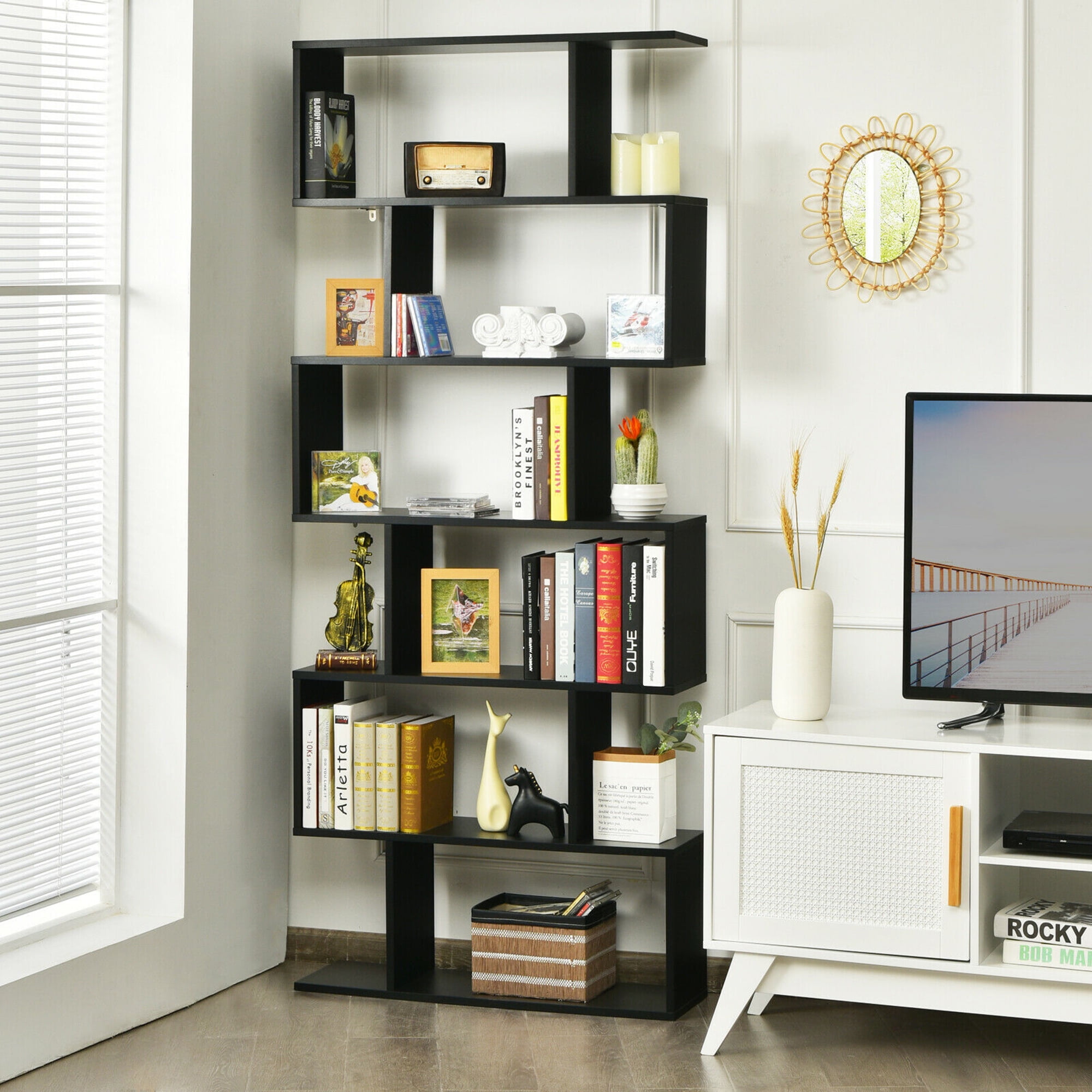Gymax S-Shaped 6 Tier Bookcase, Black