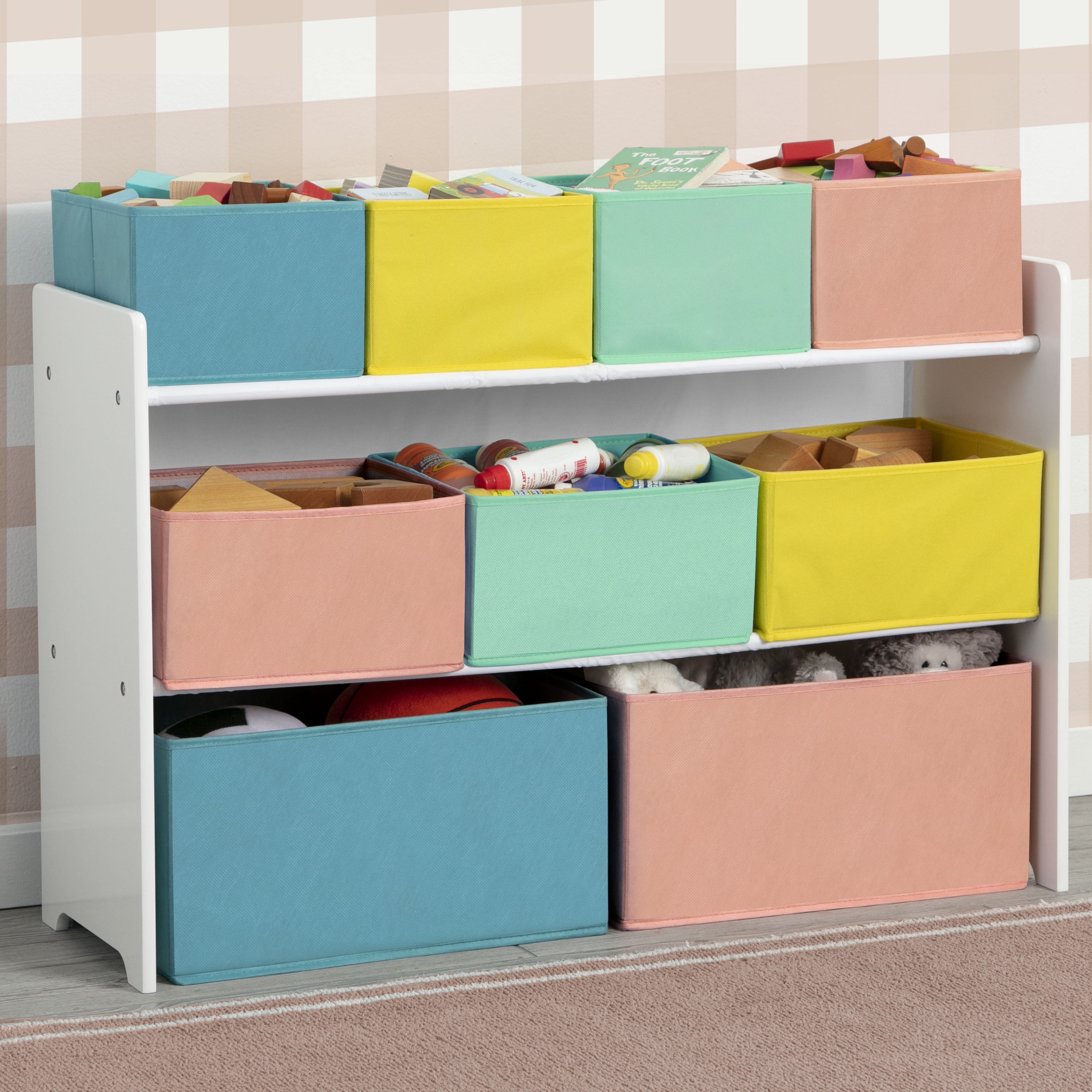 Delta Children Deluxe Multi-Bin Toy Organizer with Storage Bins - Greenguard Gold Certified, White with Blue/Orange/Pastel Bins
