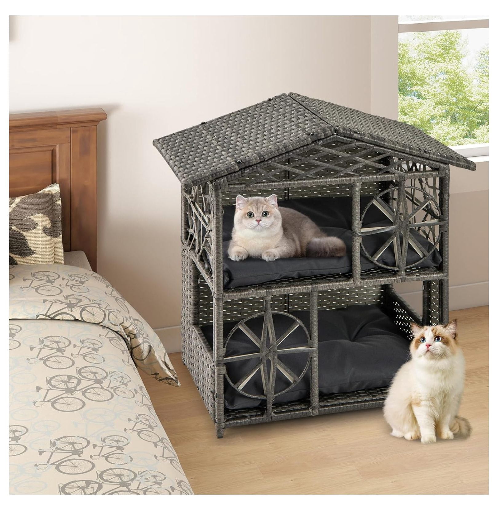 2-Story Rattan Cat House, Indoor Outdoor Aesthetic Large Kitten Cave Hideaway with Soft Removable Cushions, Side Entrances, 27 x 16 x 27.5 inches