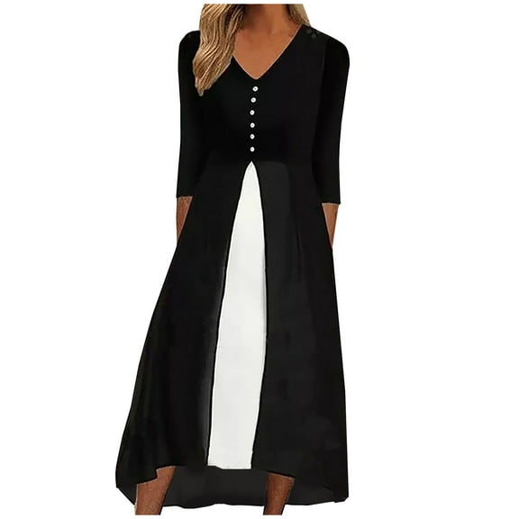 Herrnalise Women’s Dresses Summer 2024 Fashion Casual Patchwork Button V-Neck 3/4 Sleeve Long Dress S-3XL