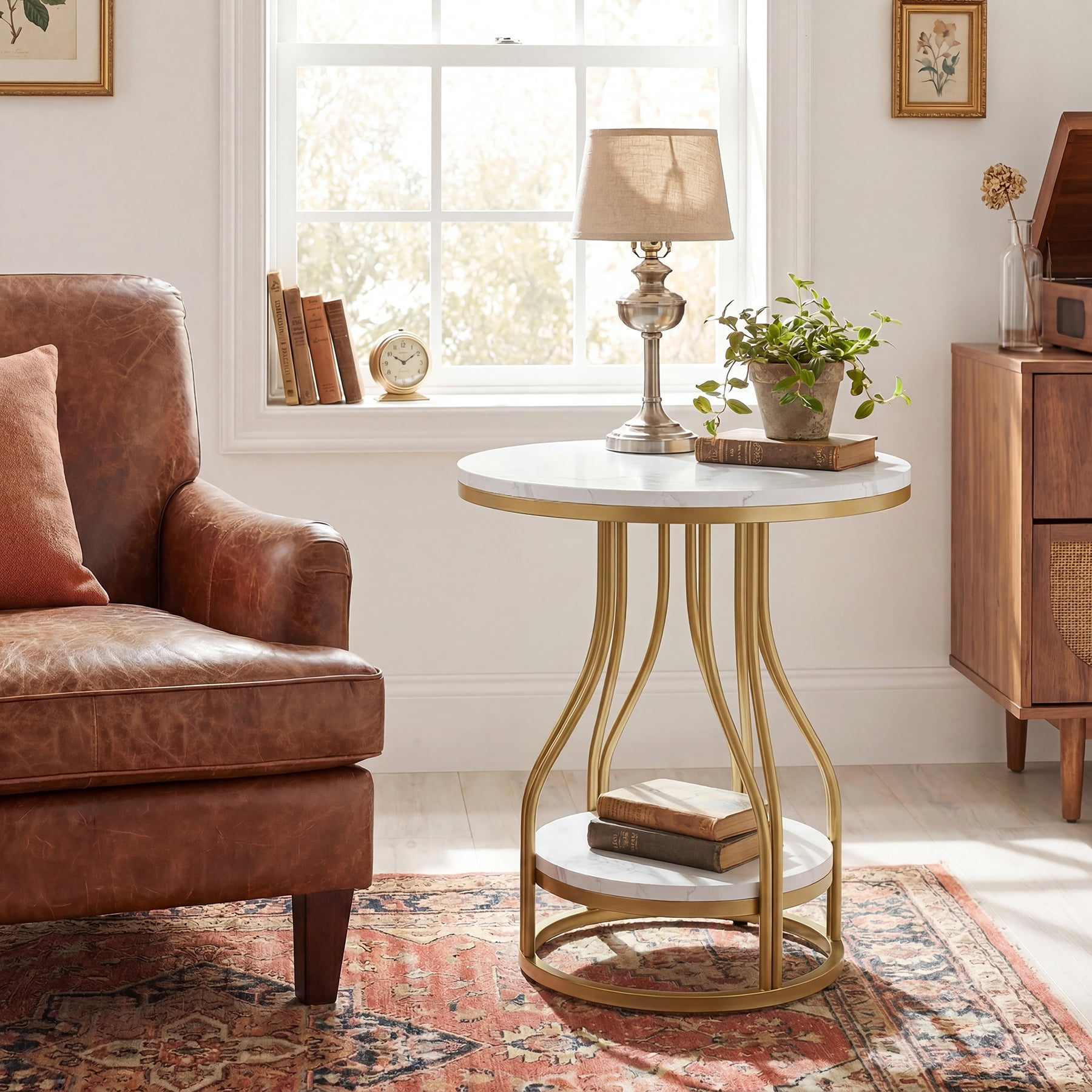 Tribesigns 2-Tier Round Side Table, Industrial End Table Bedside Table with Metal Frame & Open Shelf for Couch Side, Living Room (1PC, White & Gold)