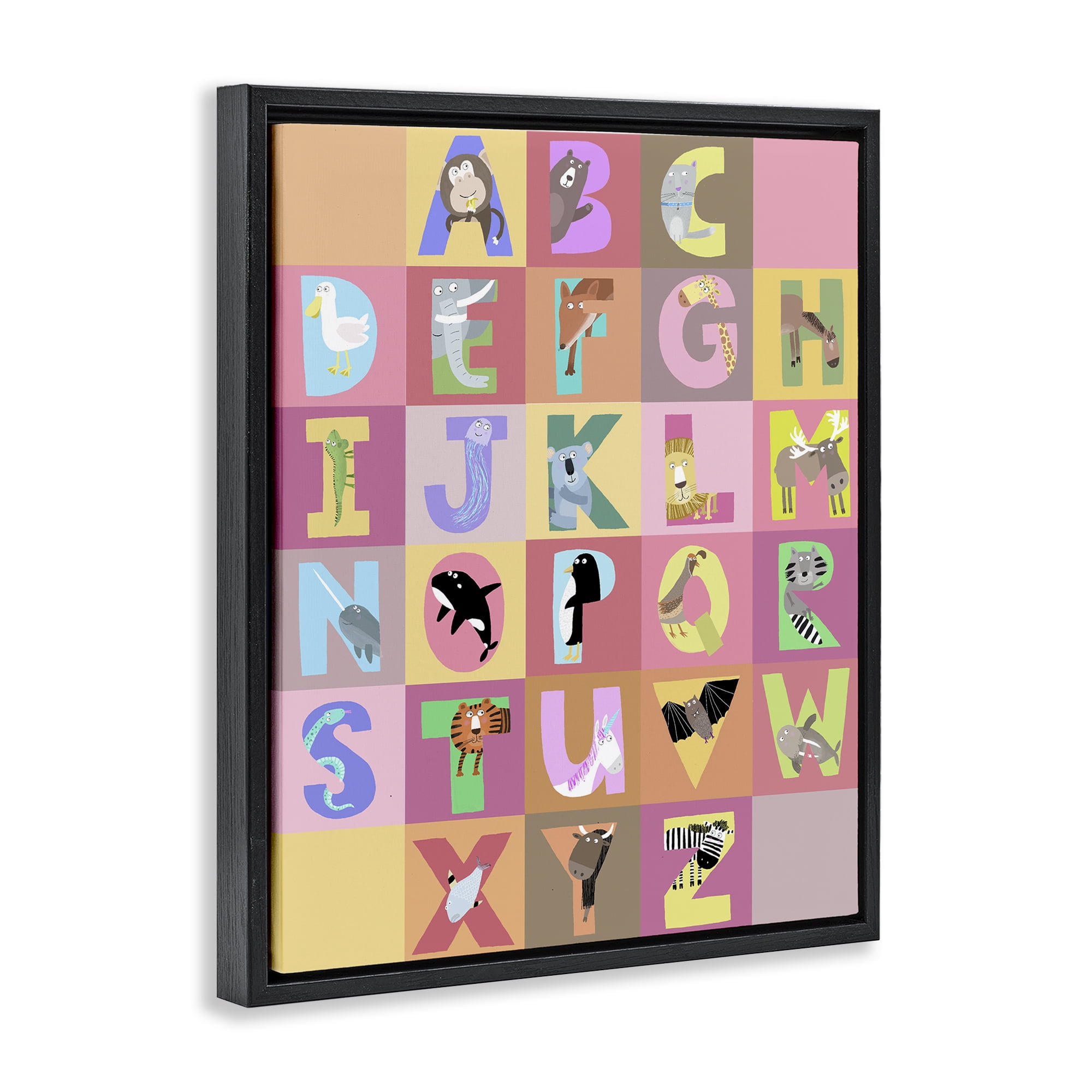 Stupell Industries Animal Alphabet in Pink Black Framed Floater Canvas Wall Art, design by Carla Daly