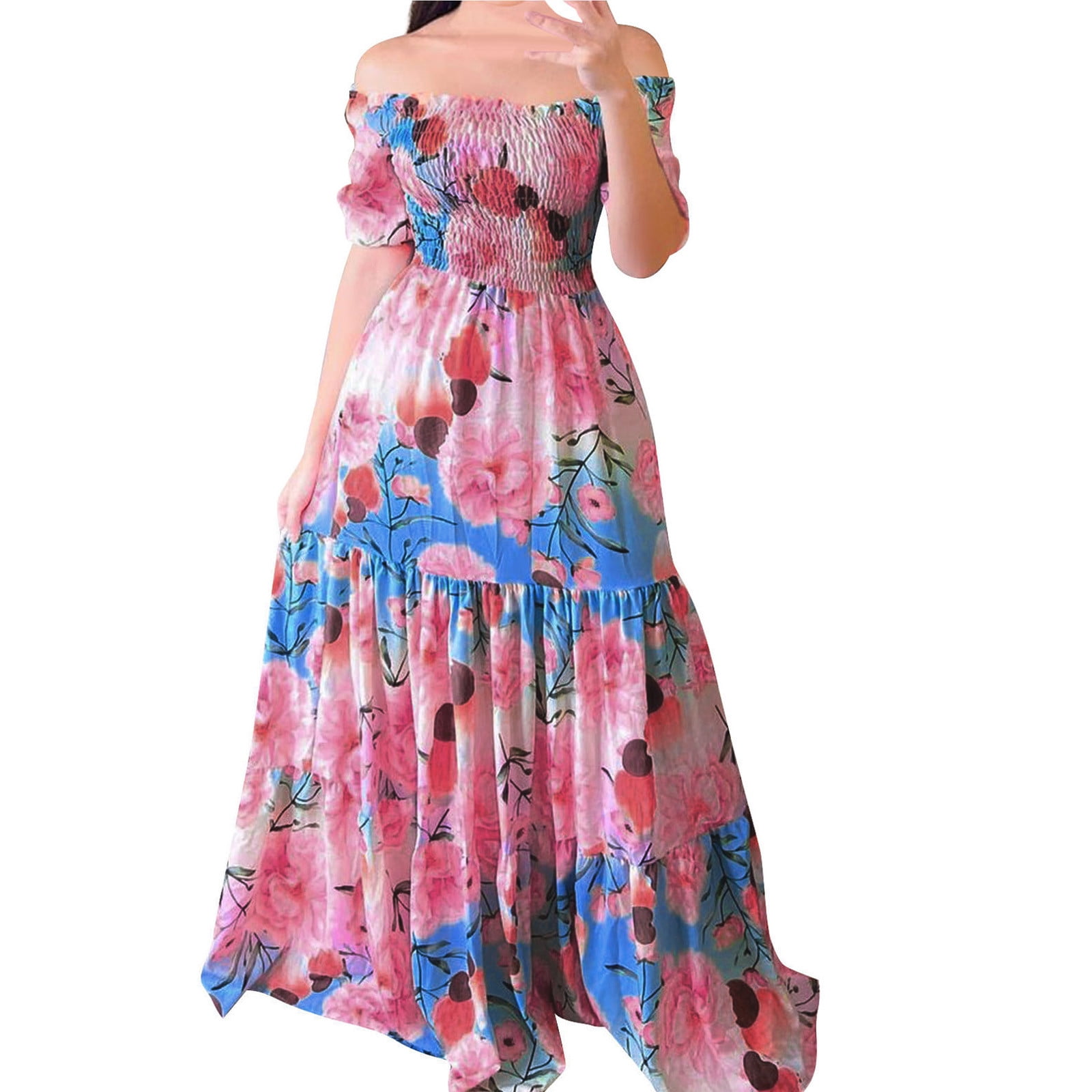 QAZXD Summer Dresses for Women 2023 Boat Neck Short Sleeve Floral Maxi  Dress Extra long Casual Maxi Dresses Multi-color M