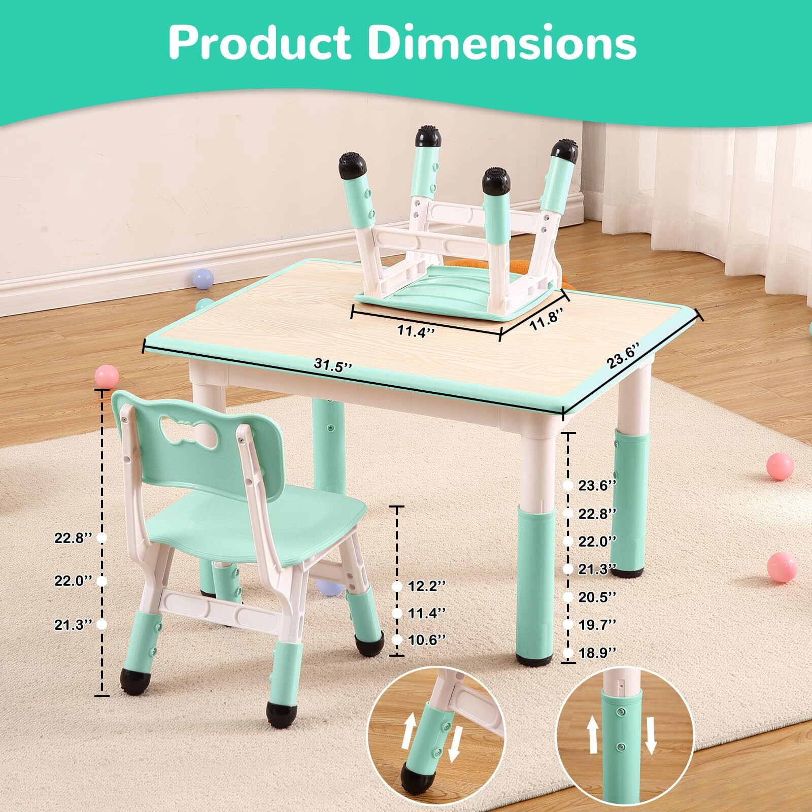 Kids Table and Chairs Set | Adjustable Height Toddler Furniture | Non-Toxic Wipe-Clean Surface | 4-Piece Classroom & Home Play Set