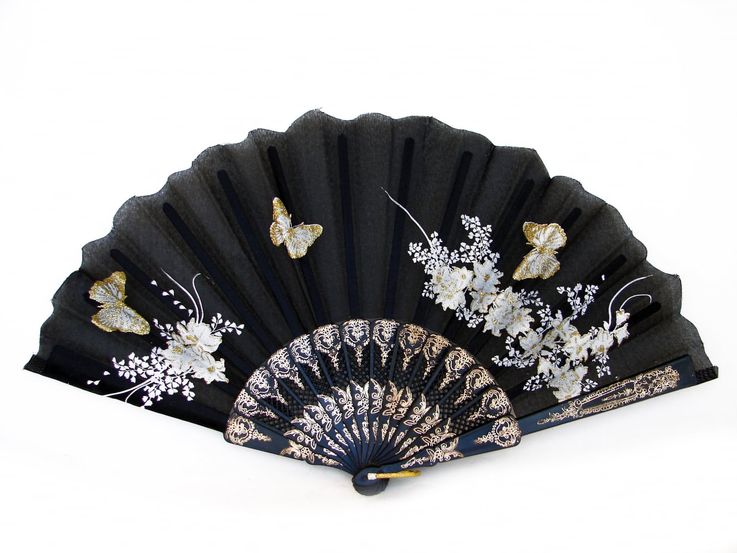 Black Slab Folding Hand Fan with Picture of Flowers and Butterflies 