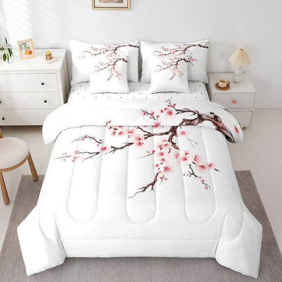 Manfei Cherry Blossom Bedding Twin Size,Japan Minimalist Style Comforter Sets with Sheets,Pink White Flower Bedding Sets Twin Size,Ultra Soft Room Decoration,7pcs