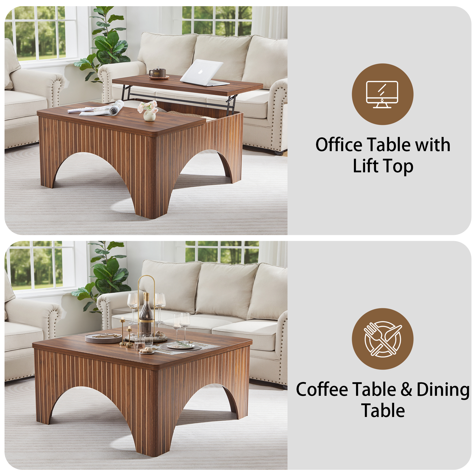 YOCWO 4 in 1 Carved Arched Square Coffee Table with Flip Top and Lift Top, Square Coffee Table with Hidden Compartments Storage for Living Room, Walnut