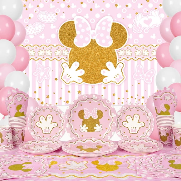 Haimimall Minnie Party Supplies Tableware Set Baby Shower Girl Minnie Theme Mouse Birthday Party Include Backdrop,Tablecloth,Plates,Napkins,Cups,Balloons Baby Shower Decorations Dinnerware Serve 20