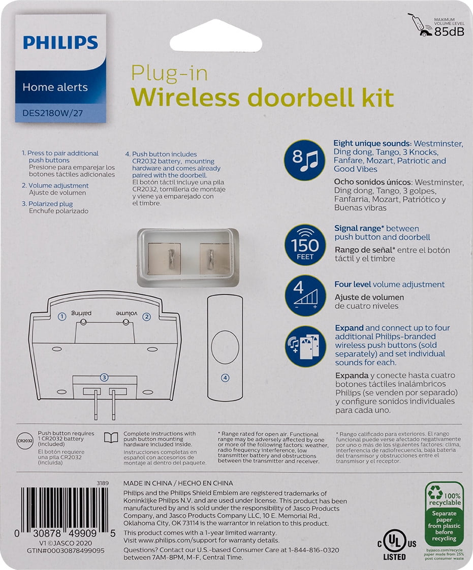 Philips Plug-in 8-Melody Doorbell Kit, White, 8in, DES2180W/27