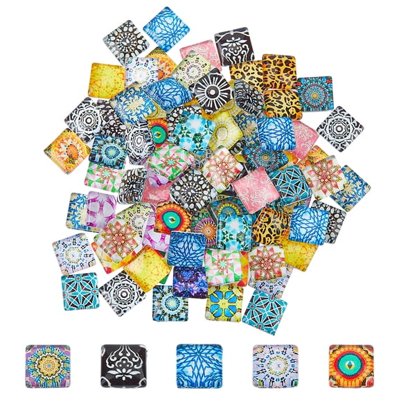 100Pcs Mosaic Tiles Flower Tiles Pieces Mosaic Printed Glass Dome Cabochons Square Glass Cabochons Mosaic Puzzle Material