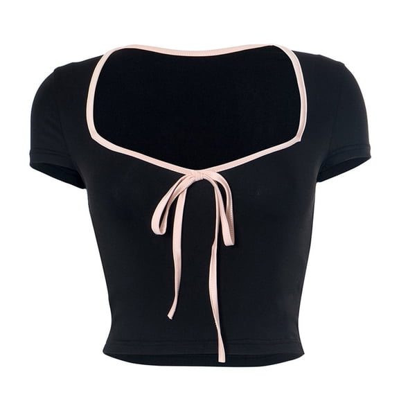 OSOLU Crop Tops For Women Slim Fit Sexy Low Cut Sweetheart Neck Bow Short Sleeve T Shirt Summer Going Out Comfy Top