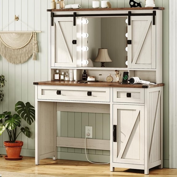 Aogllati Farmhouse White Vanity Table with Lights, Mirror, and Storage