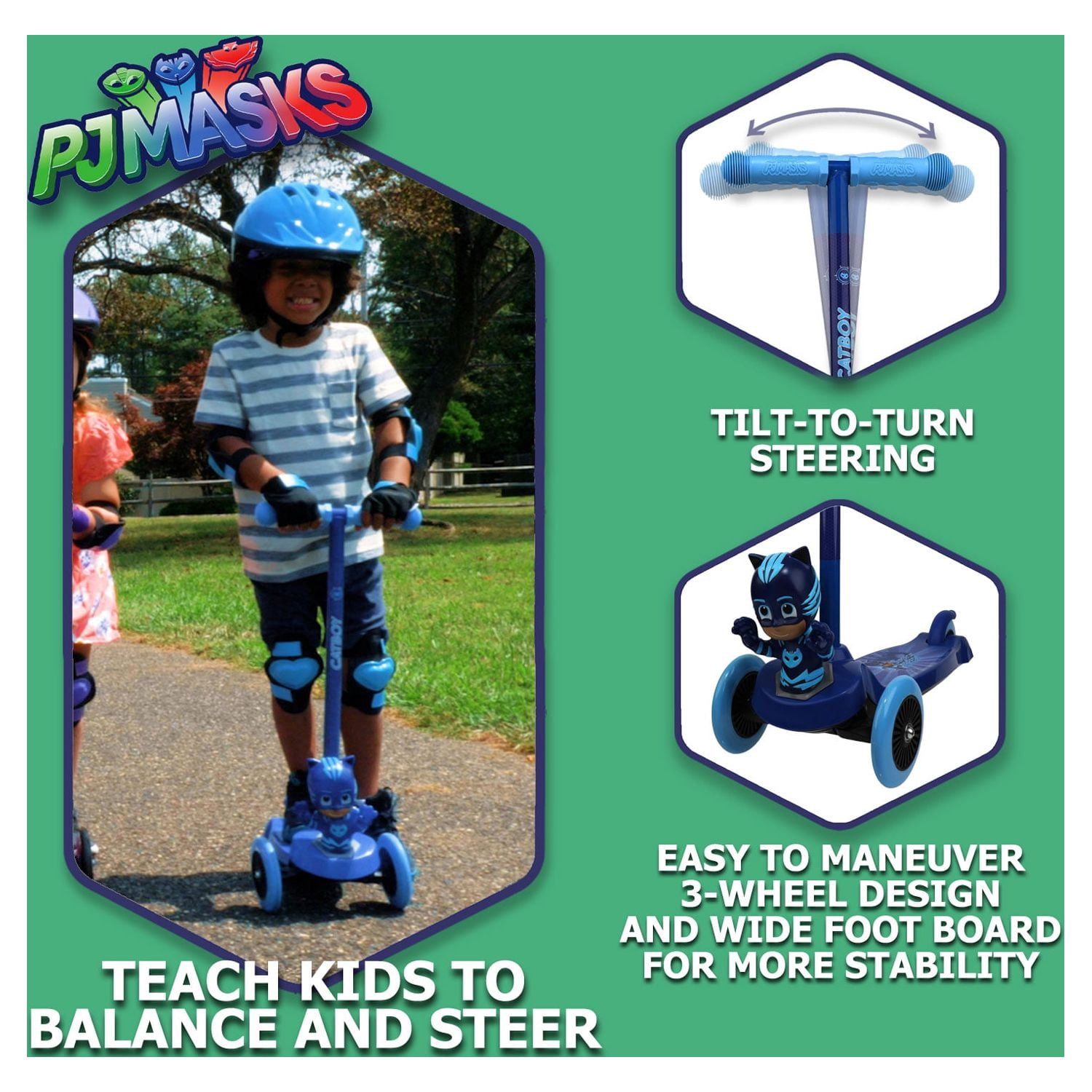 PJ Mask Catboy 3D Scooter with 3 Wheels Tilt and Turn- Blue, For Boys and Girls Ages 3+, Max Weight 75lbs, Foot-Activated Brakes