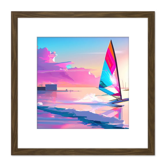 Pink Skies Seascape Windsurfer Windsurfing Bright Vibrant Watercolour Sport Square Wooden Framed Wall Art Print Picture 8X8 Inch