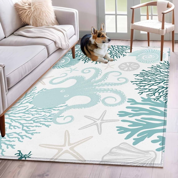 Teal Green Octopus Coastal Area Rug 3x5 Washable Rug Non Slip Nautical Coral Starfish Large Area Rug Indoor Floor Carpet for Entryway Bedroom Kitchen Living Room Home Office Dining Room Nursery