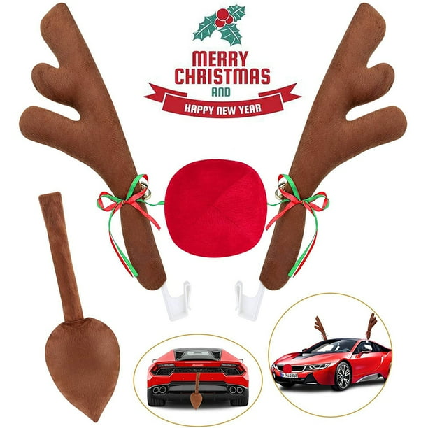 Christmas Car Reindeer Antler and Nose Decorations with Tail, Rudolph