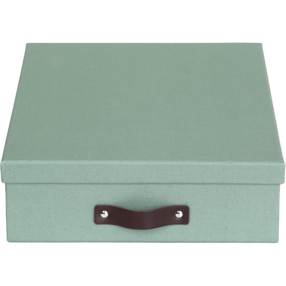 OPVM-Bigso Oskar Canvas Fiberboard Document Letter Box for Important Paperwork A4 or Letter Size - Durable Keepsake Box with Lid and Leather Handle - 3.3in x 10.2in x 13.8in - Soft Teal