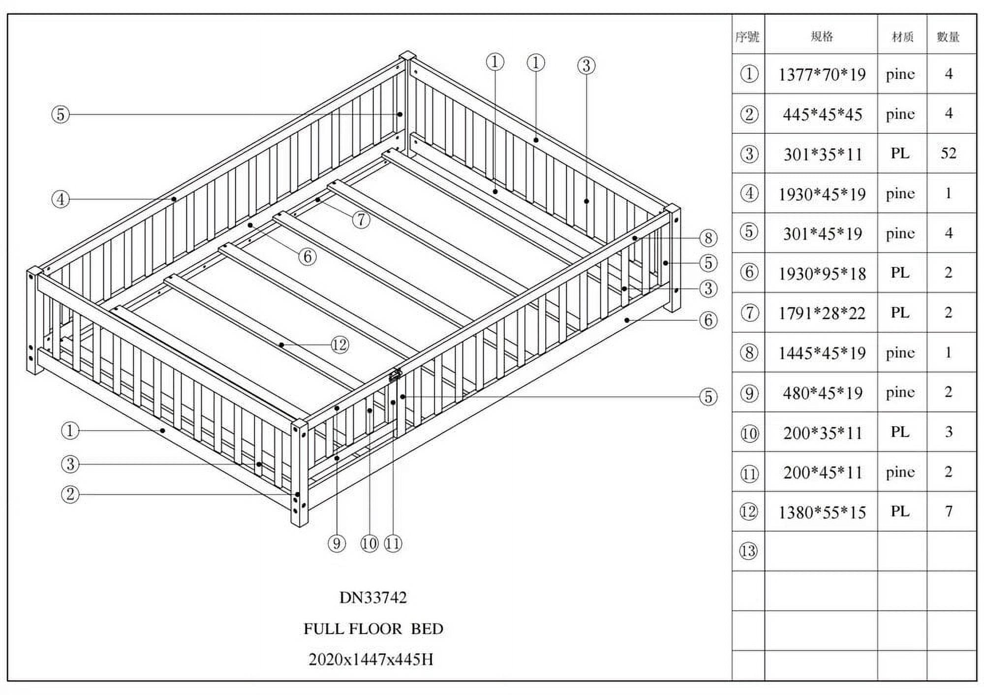Full Size Floor Bed Frame for Kids Toddlers, Wooden Montessori Bed with 7 Wood Slats, Fence-Shaped Guardrails and Door for Boys Girls Bedroom Playroom, No Box Spring Needed, Gray
