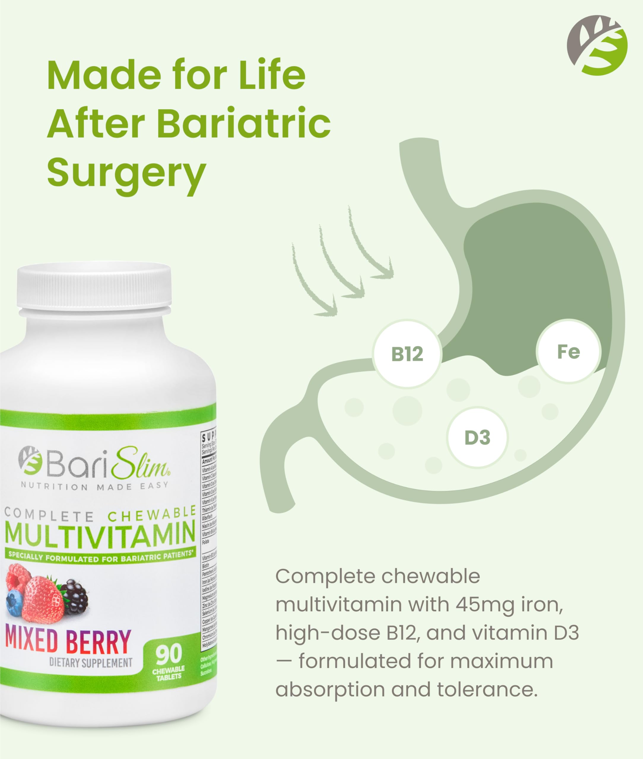 BariSlim Chewable Bariatric Multivitamin Tablets for Energy & Immune Support, Mixed Berry Flavor, 90 Count, 9.8 oz, Adults