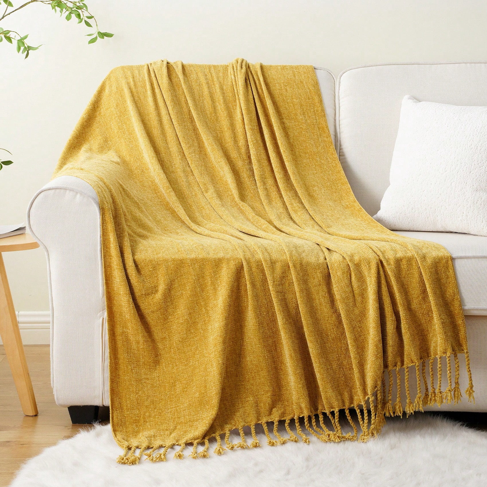 Battilo Mustard Yellow Chenille Throw Blanket,Decorative Fringe Velvety Gold Blanket for Home Decor,50"x60"