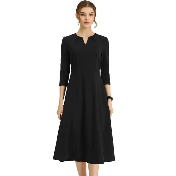Vestido elegante de mujer con cuello en V, bolsillos, manga 3/4, trabajo, línea A Negro M