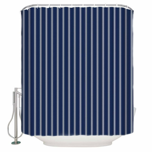 Extra Long Shower Curtain 72x96 Inch, Navy Blue Striped Shower Curtain Waterproof Bathroom Decor Navy Blue White Farmhouse Stripes Fabric Bath Curtain Set Accessories with Hooks