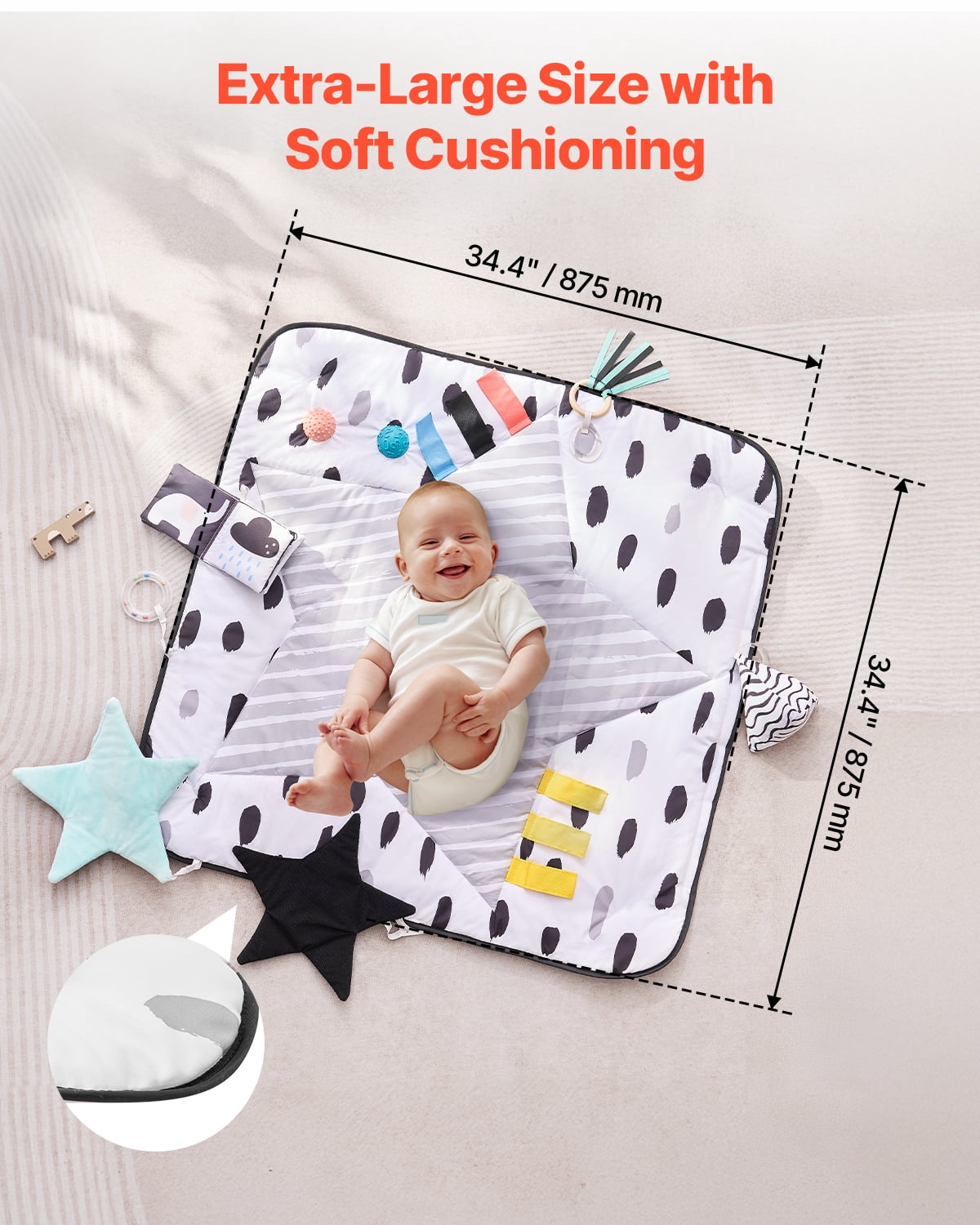 VEVOR Baby Play Gym Mat,Tummy Time Mat with 6 Sensory Toys, Baby Activity Mat with 2 Touch Balls & Soft Fabric for Sensory & Motor Skill Development, Baby Essential Gift for 0-18 Month Newborn Infant