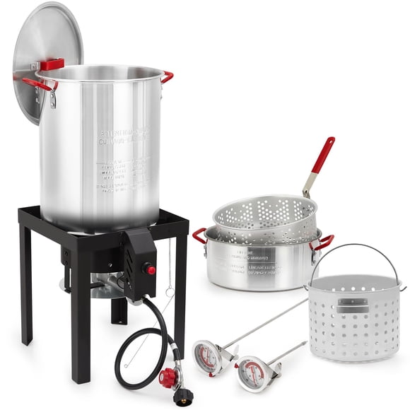 110,000 BTU Propane Outdoor Fryer Kit – 30 Qt Aluminum Turkey & Seafood Boiler with Basket, Strainer, 10 PSI Controller, Perfect for Crawfish, Shrimp, Crab, Fish Fry – Black Stand + Original Color Pot