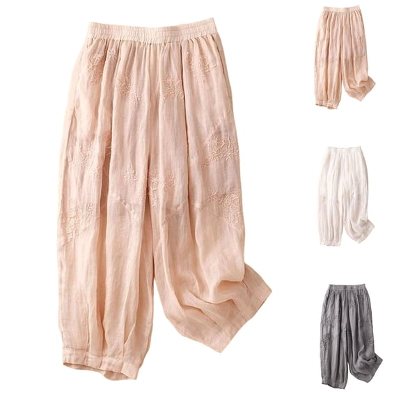 SEMPAI Women's Summer Cotton and Llinen Embroidered Trousers, Light Breathable Casual Pants, Loose Bloomers