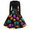 thumbnail image 2 of Halloween Dresses for Women Spider Cocktail Crew Neck Scary Dresses Skeleton Printed Long Sleeve Fall Swing Dress with Belt S, 2 of 5