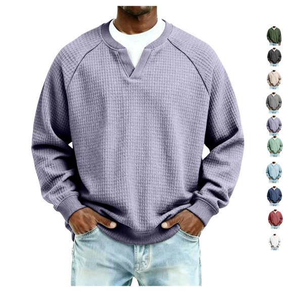 Mens Waffle Long Sleeve Shirt Loose Fit Notch Neck Long Sleeve Thermal Shirts Casual Comfort Oversized Tops
