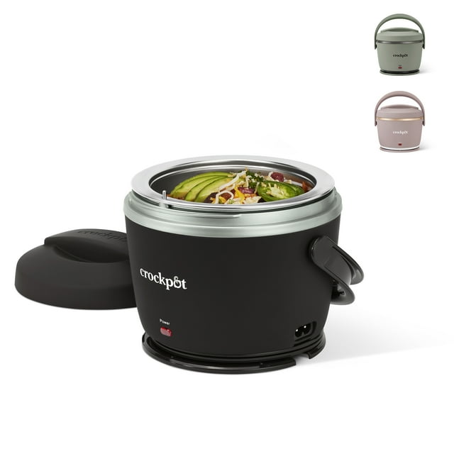 Black Crock-Pot electric lunch box open with fresh salad inside, portable 20-ounce food warmer for on-the-go use