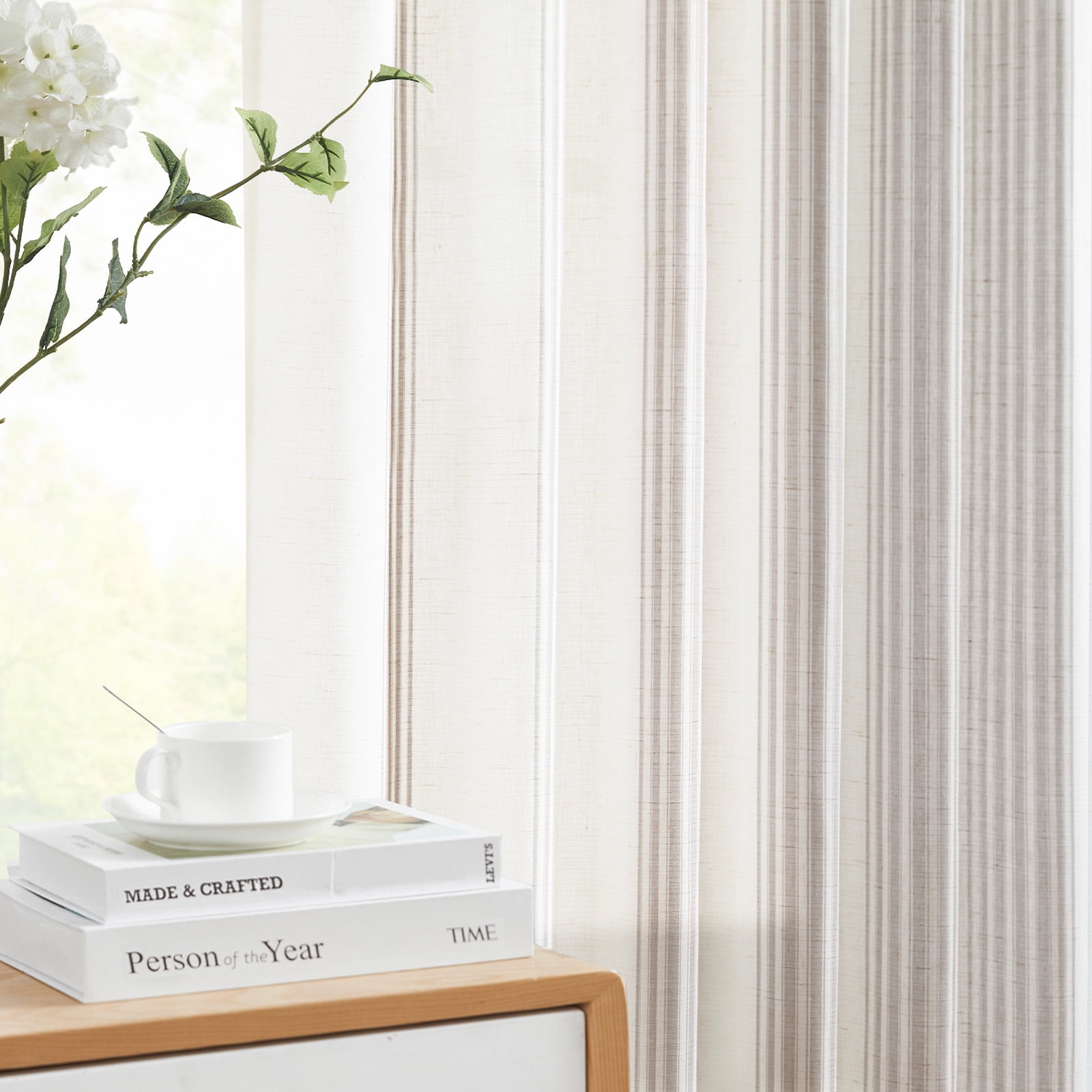 Curtainking Striped Linen Curtains 63 Inch Gray Farmhouse Rustic Curtains for Living Room Semi Sheer Back Tab Light Filtering Coastal Drapes for Bedroom Window Curtain 2 Panels