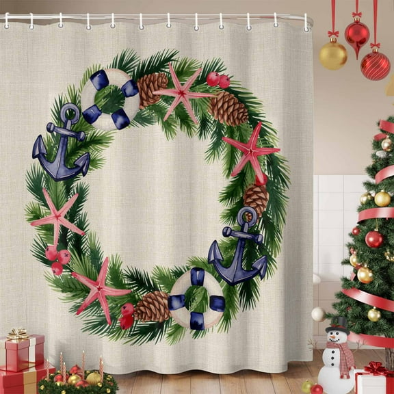 Christmas Nautical Shower Curtain, Winter Coastal Pine Anchor Starfish Waterproof Fabric Shower Curtains with 12 Hooks, Bathroom Curtain Set for Bathroom Accessories Decor, 60 x 72 Inches