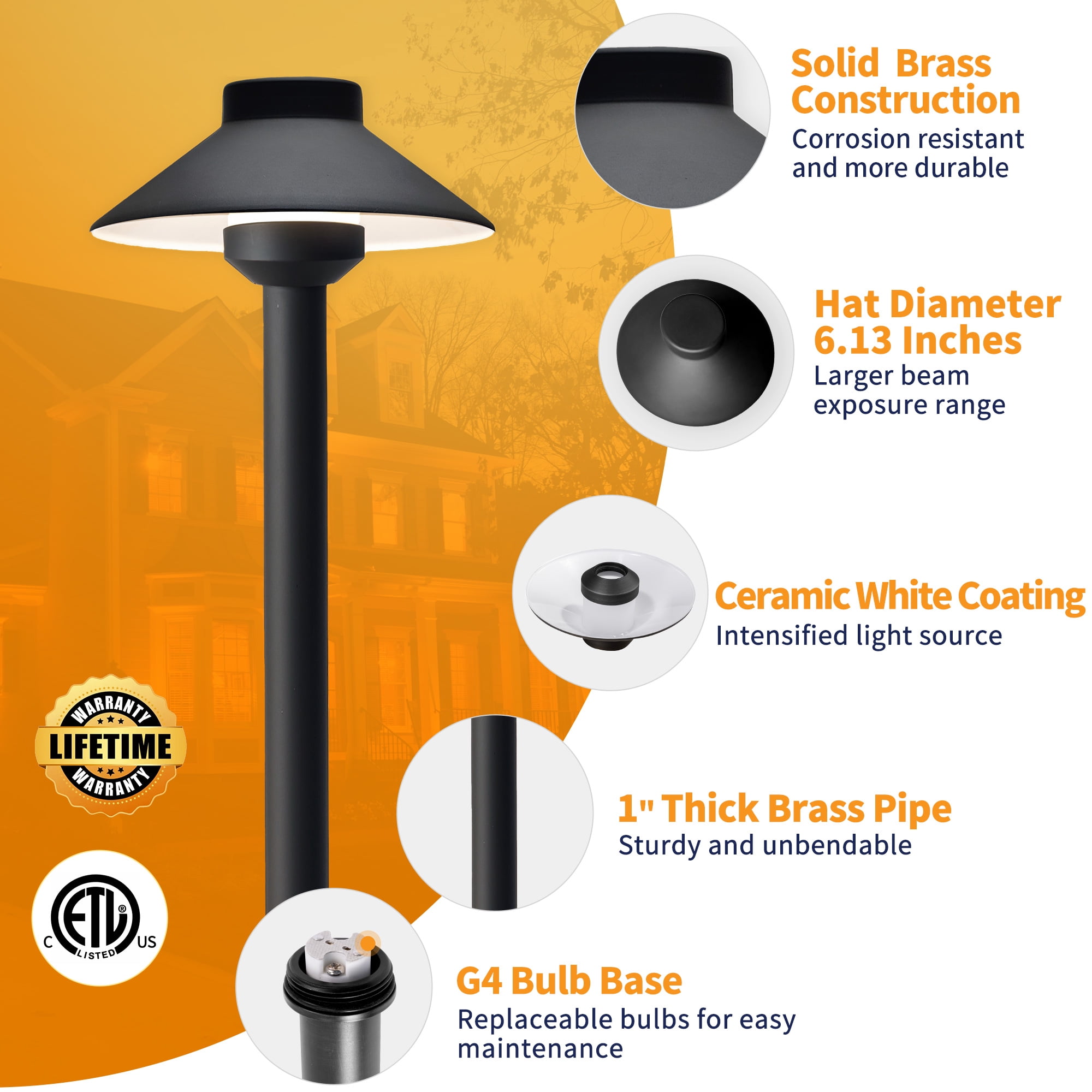 Gardenreet Brass Pathway Lights Black, Low Voltage LED Landscape Path Lights, 12V Outdoor Waterproof Landscape Lighting(Hat) for Walkway Driveway Garden Yard Without G4 Bulb(8 Pack)