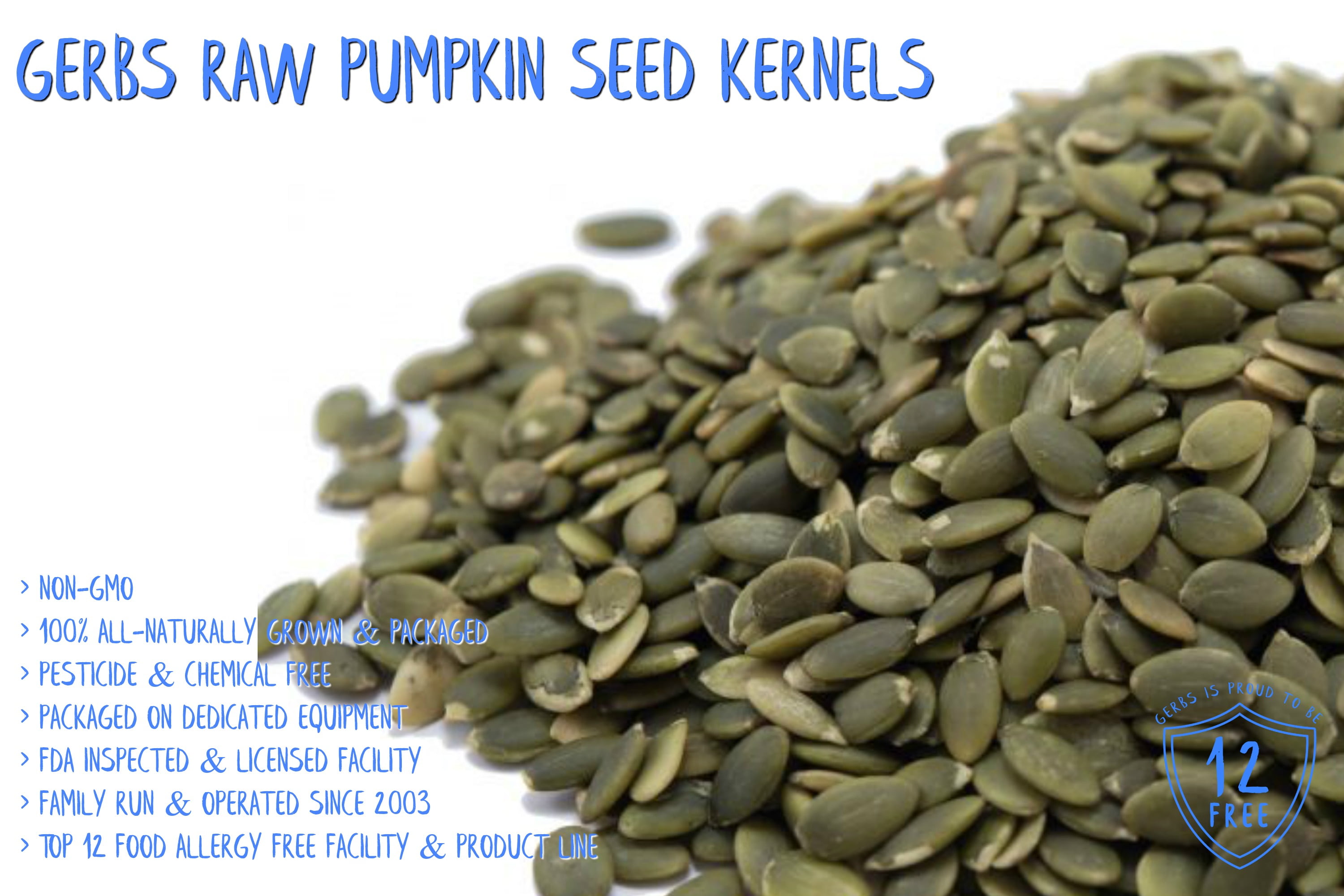 Raw Pumpkin Seed Kernels by Gerbs - 14OZ. - Top 14 Food Allergen Free & Non GMO - Vegan & Kosher - Hulled