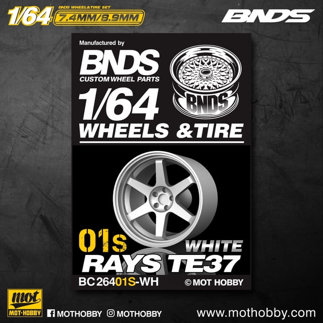 BNDS 1/64 ABS Wheels Rubber Tires by WHITE Assembly Rims Modified Parts JDM VIP Style for Model Car Vehicle 4pcs Set S BC26401S-WH