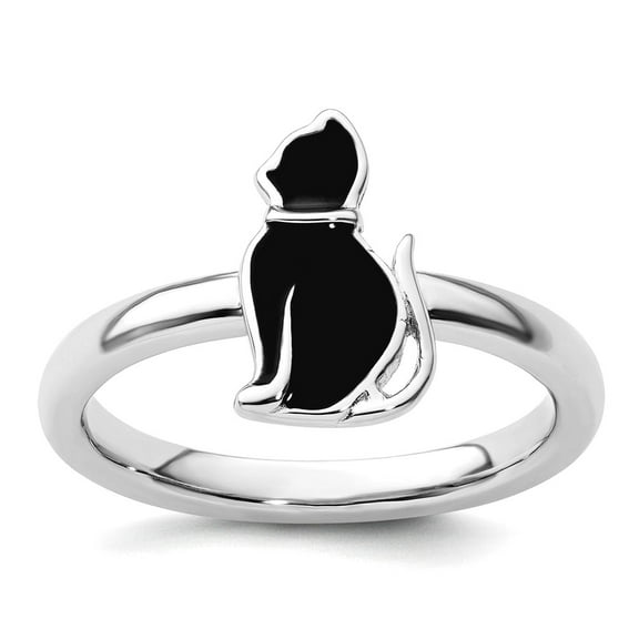 925 Sterling Silver Polished Black Enameled Cat Stackable Ring Size 6 Stackable Ring for Women