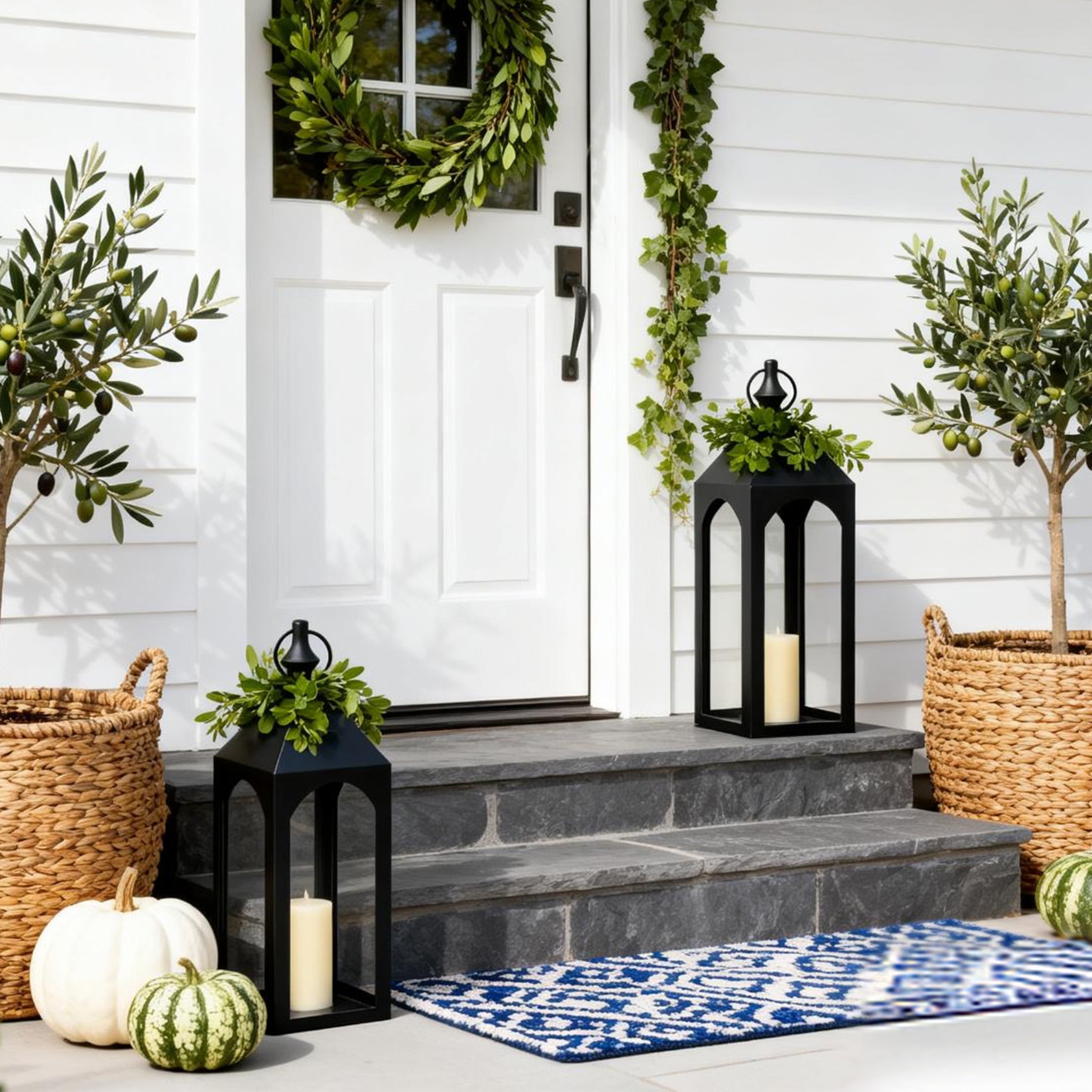 GARITIN 17" Black Metal Lantern Candle Holder, Outdoor & Indoor Decor for Patio, Garden, Porch, Pathway Lighting, House Warming Gift