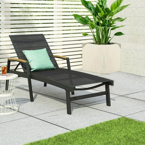 GDF Studio Modern Aluminum Outdoor Chaise Lounges with Adjustable Mesh Seating, Black, Set of 2