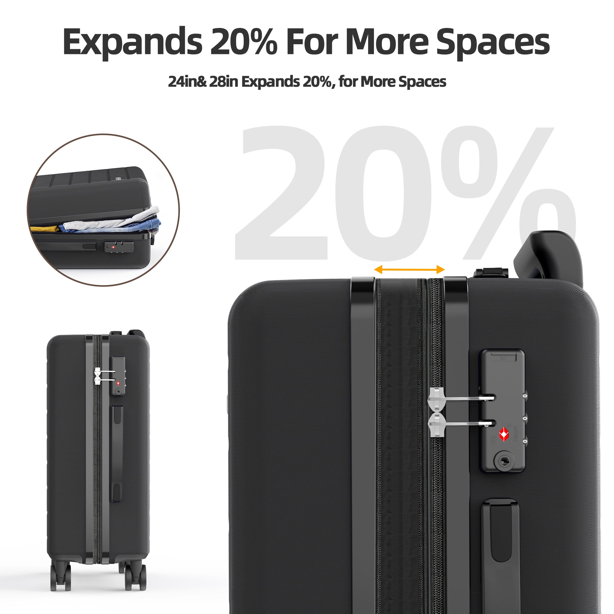 Sunbee 28" Unisex 4 Piece Hardside Expandable Luggage Set, Black