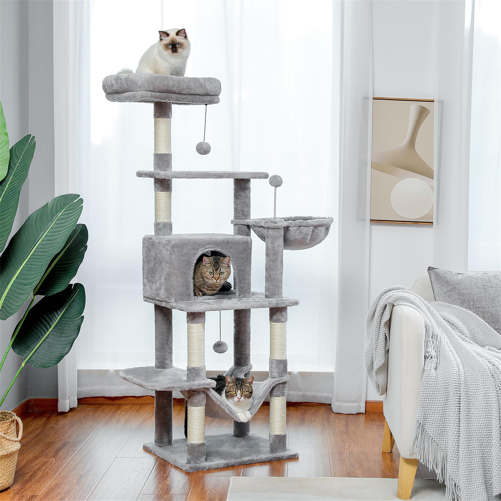 Kadyn 59" Cat Tree Tower for Indoor Cats, Plush Multi-Level Cat Condo with 6 Scratching Posts, Perches, Caves, Hammock, Gray