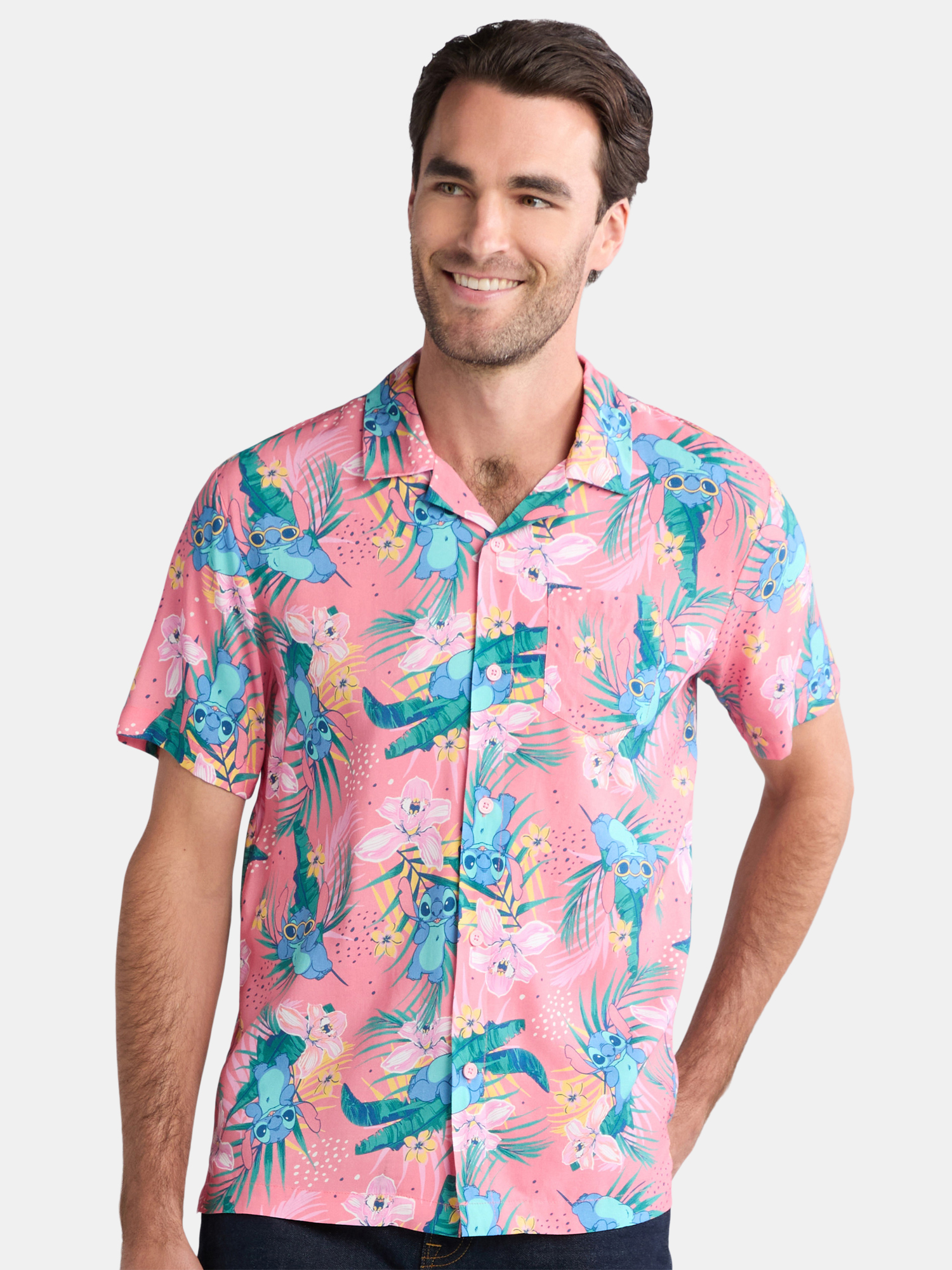 Lilo & Stitch, Men's & Big Men's Graphic Button-Up Shirt, Floral, Sizes S-3XL