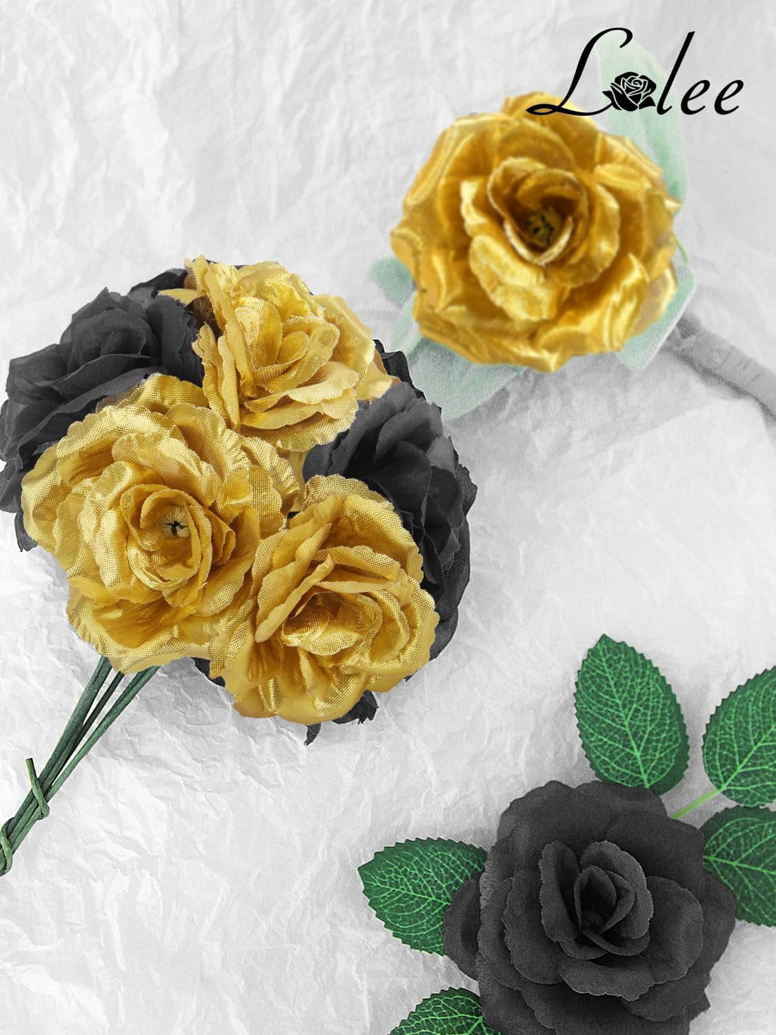 108pcs Roses Head Flowers with Stem - Black & Gold Graduation Artificial Flowers Rose Bulk - Silk Rose Fake Flower for Wedding Bouquet Decor DIY Baby Shower Centerpieces Grad Party Tables Decoration