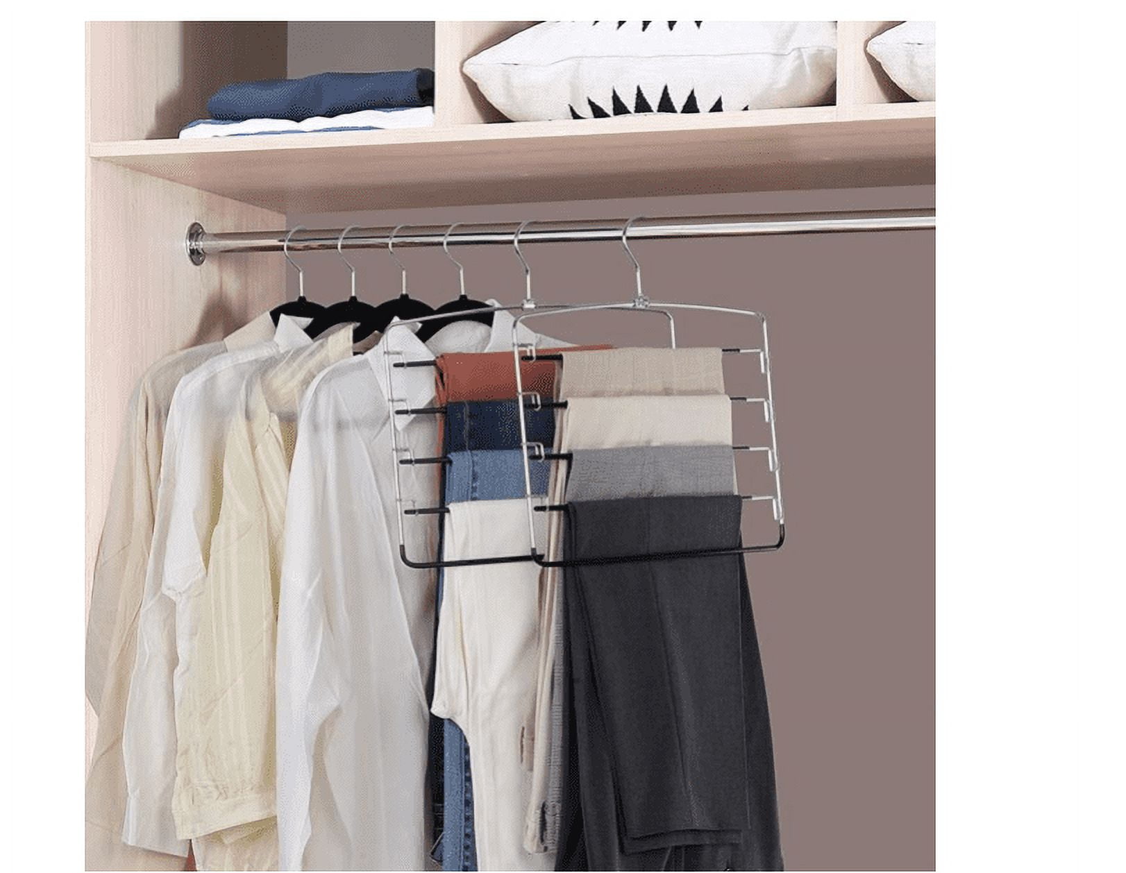 4 Pack Pants Hangers Space Saving, 5 Layer Tiered Non-Slip Stainless Steel Pants Hangers, Multi-Tier Pants Organizer Hangers, Swing Arm Space Saver Pants Hangers for Scarf Ties Towels Jeans Trousers